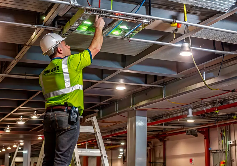 adjusting equipment on a ceiling grid in a well-lit industrial setting
