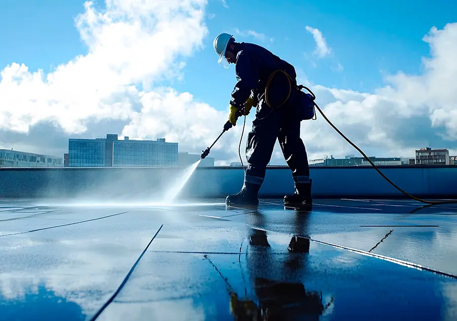 A worker in protective gear is pressure washing a large outdoor surface